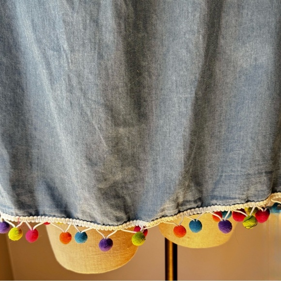 NWT Saks Fifth Avenue Chambray Mini Pom Pom Off-Shoulder Flounce Dress Size S - Picture 5 of 10